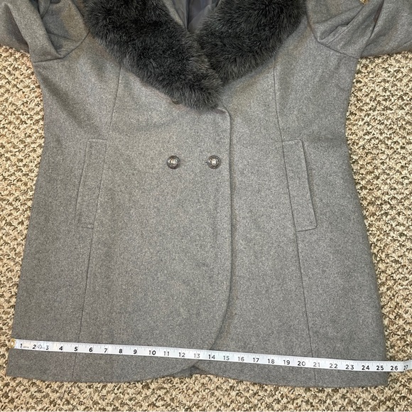 French Connection Charcoal Faux Fur Collared Double-Breasted Wool Blend Pea Coat - Picture 13 of 16